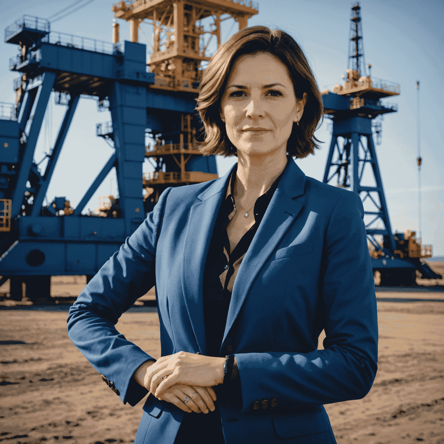 Sarah Johnson, an experienced oil industry analyst with short brown hair, wearing a professional blue blazer, standing in front of an oil rig