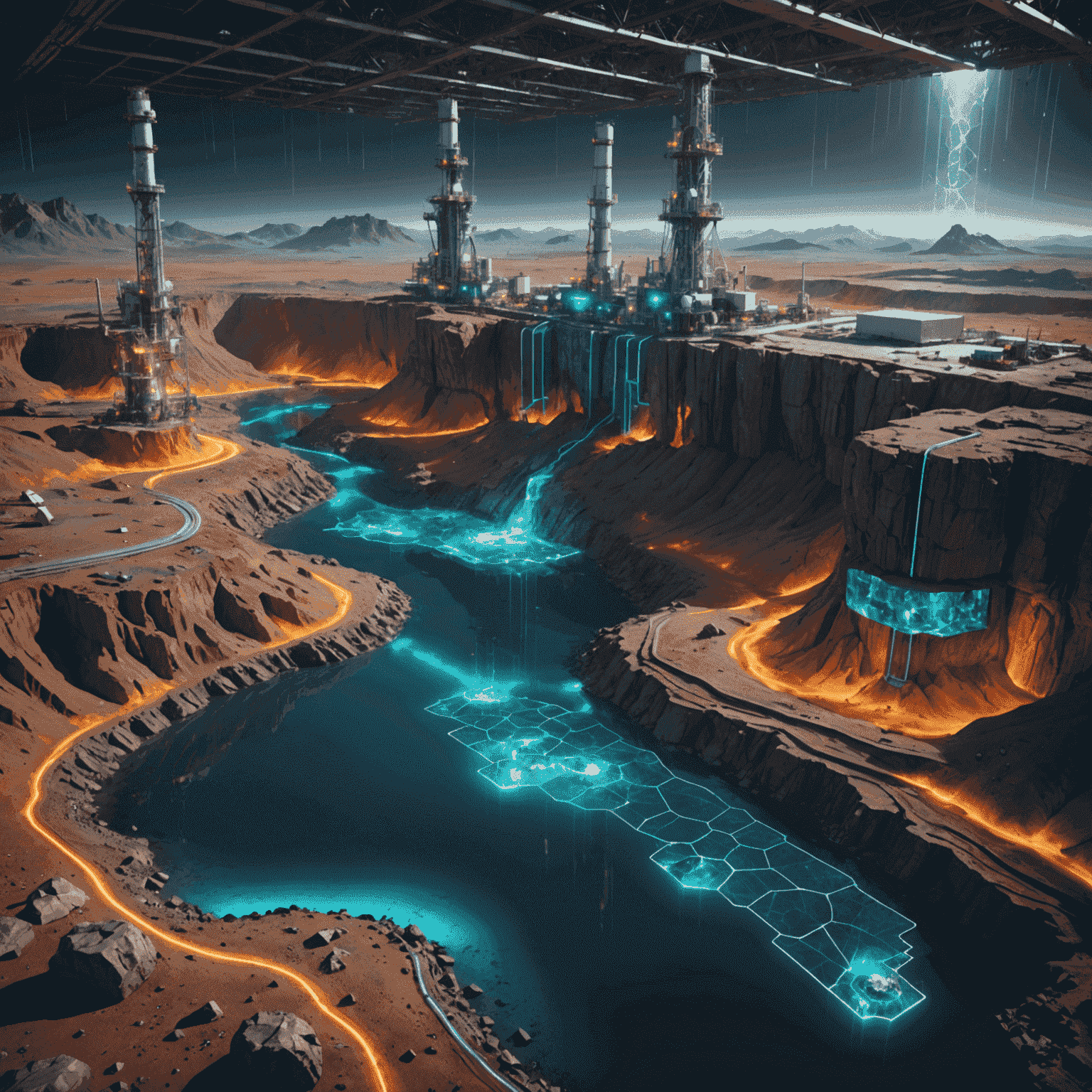 Futuristic AI system analyzing geological data to discover new oil reserves, with 3D holographic displays showing intricate underground structures.