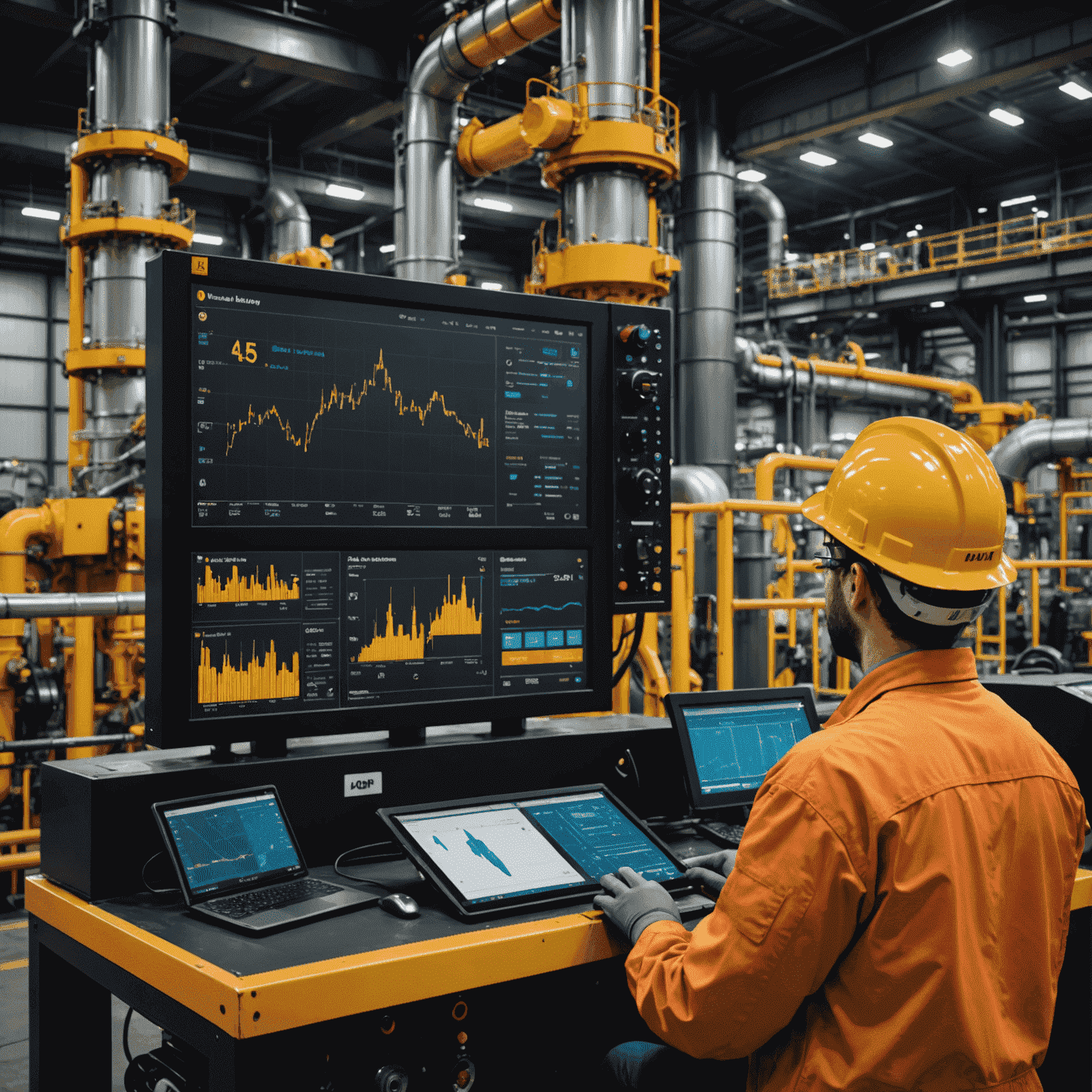 AI-powered predictive maintenance system monitoring oil industry equipment, showing real-time data analysis and early warning indicators