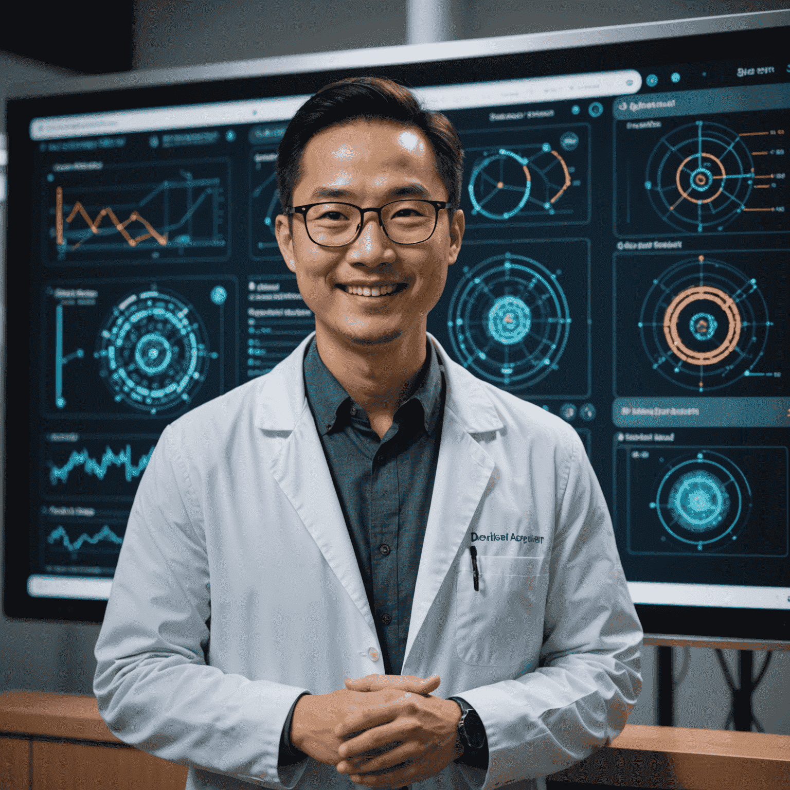 Dr. Michael Chen, an AI researcher with glasses and a friendly smile, presenting AI algorithms on a large touchscreen display