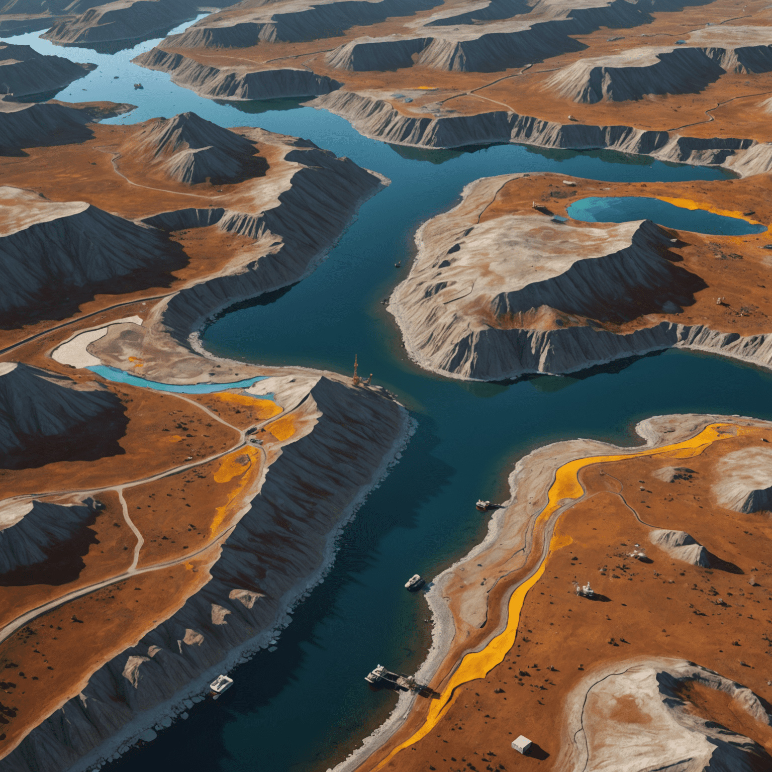 Futuristic visualization of AI analyzing geological data for oil exploration, showing 3D terrain models and data overlays