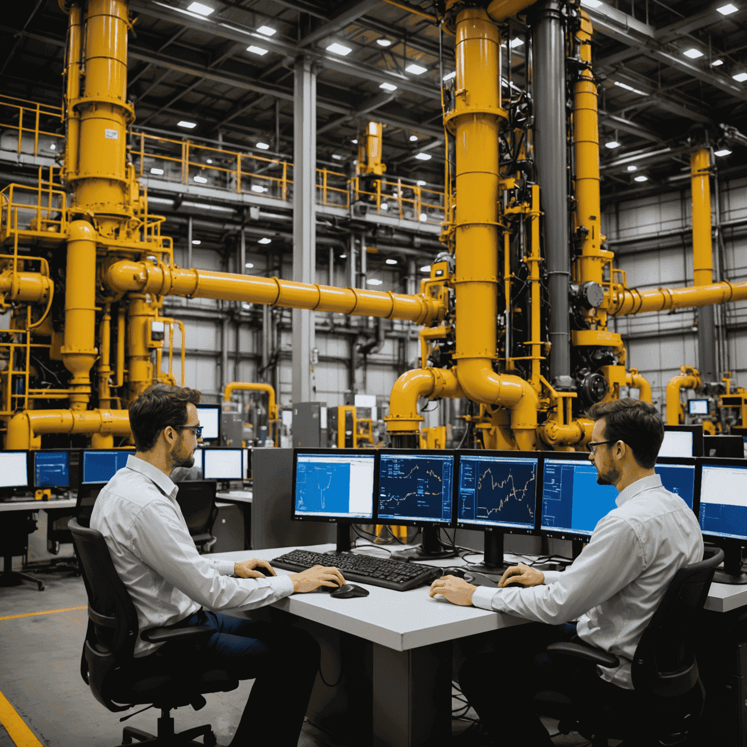 Advanced machine learning algorithms optimizing oil production processes, with real-time data feeds and predictive models displayed on multiple screens.