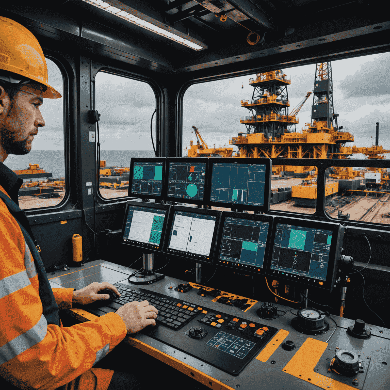 AI system monitoring oil rig equipment, with predictive maintenance alerts and 3D visualizations of potential failure points.