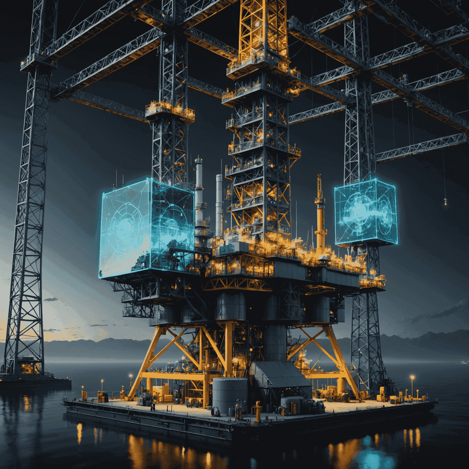 Futuristic depiction of AI-controlled autonomous oil rigs with holographic displays showing real-time optimization data