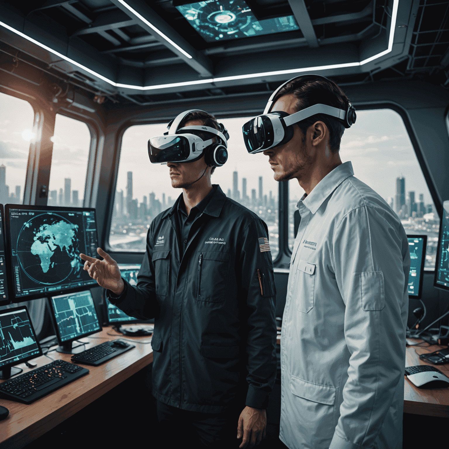 A visionary concept of future oil trading, featuring AI assistants, virtual reality interfaces, and global data visualization