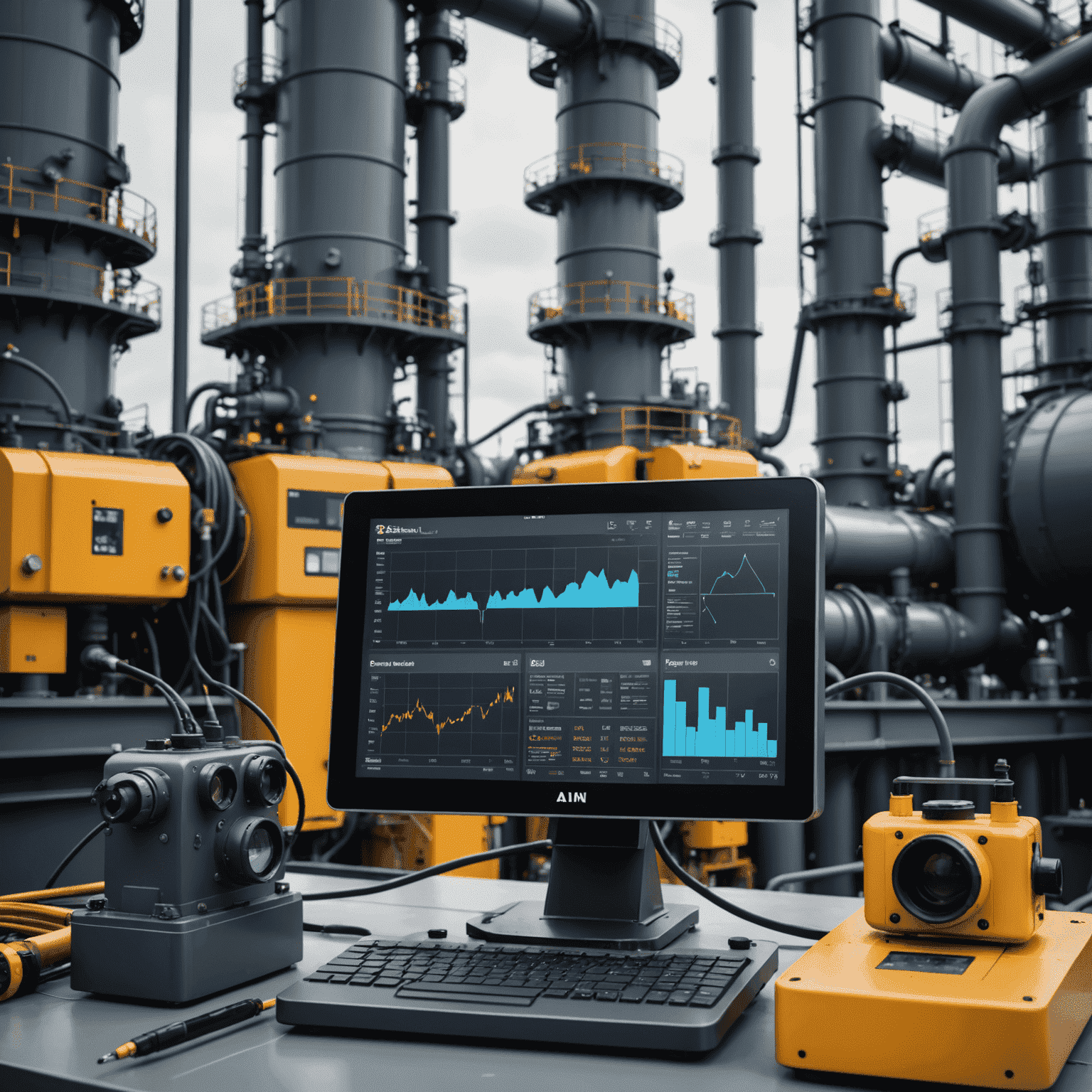 Illustration of AI monitoring oil industry equipment, with predictive analytics graphs and maintenance schedules